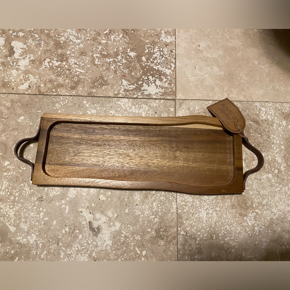 American Atelier Acacia wood rectangular tray leather handles charcuterie board
